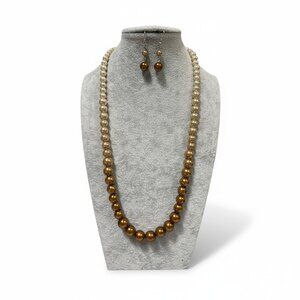 Brown Cream Glass Faux Pearl Ombre Look gradual Necklace Earring Set